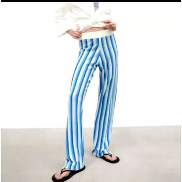 Zara Pants - Zara Blue and White Striped Wide Leg Pants